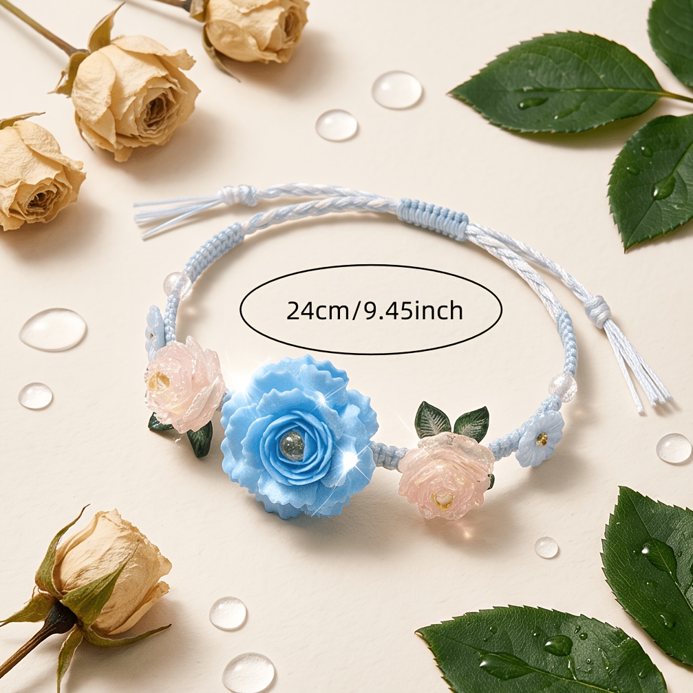 Macaron Blue Pink Gradient Rose Handmade Woven Wristband Bracelet